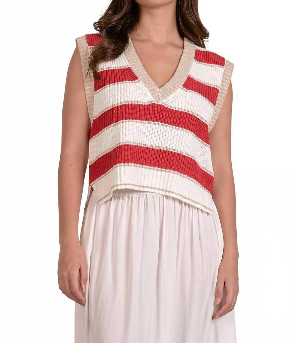 NEW ELAN slate sleeveless sweater in white /red stripe